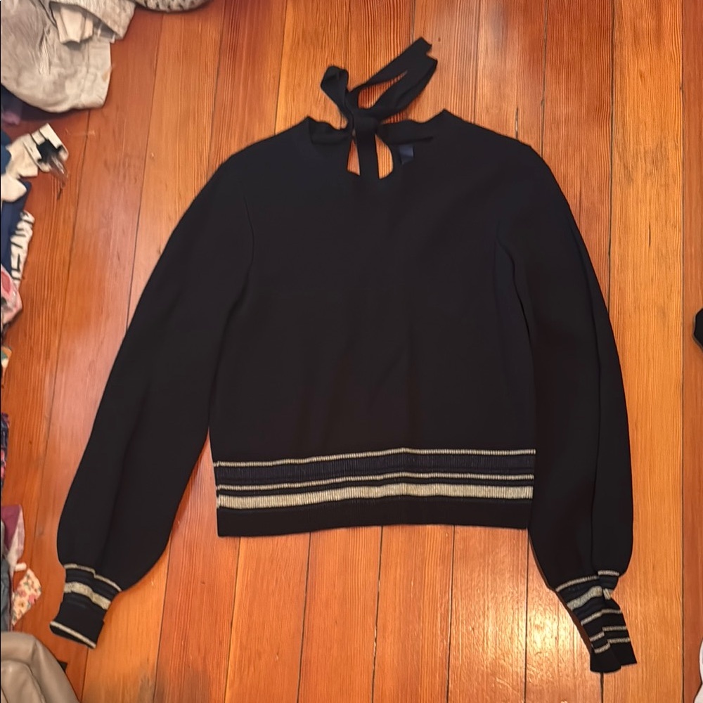 RACHEL Rachel Roy Black Sweater with Bow and Striped Cuffs